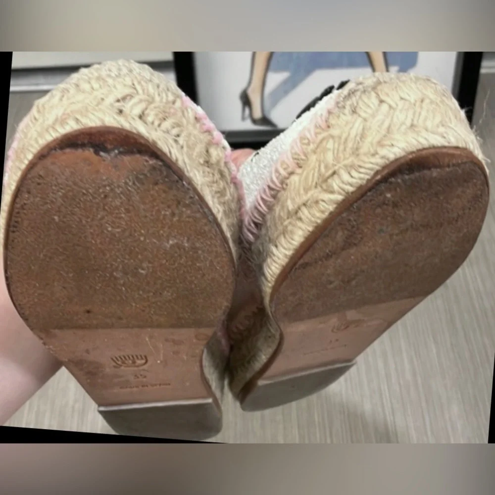 Chiara Ferragni Espadrille Jute Platforms w/ Winking Eye White  Glitter Size 5